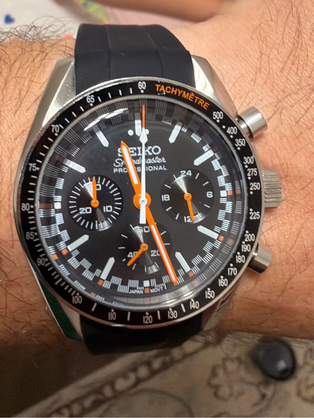 Seiko Black Dial Chronograph with Orange Accents and Silver Case
